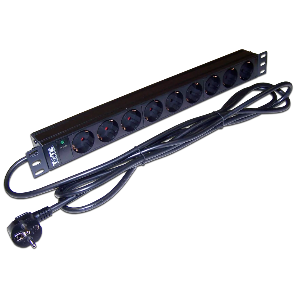 Блок розеток LANMASTER 19", 1-фазный без выключателя, 16 A/250V, 9xSchuko, шнур 3 м, вилка Schuko