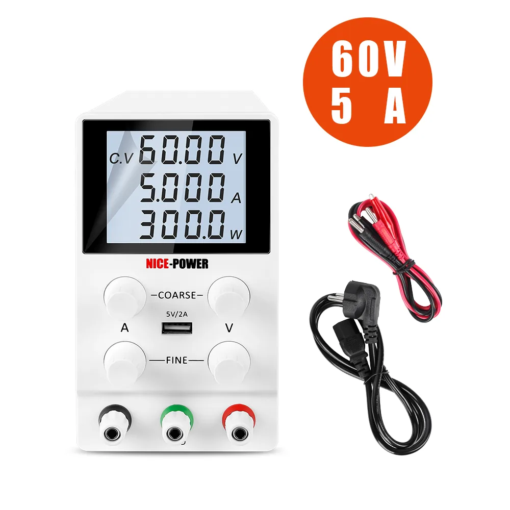 Лабораторный источник питания постоянного тока Kuaiqu SPS605D с 4-разрядным цифровым ЖК-дисплеем, 60В / 5А, цвет белый