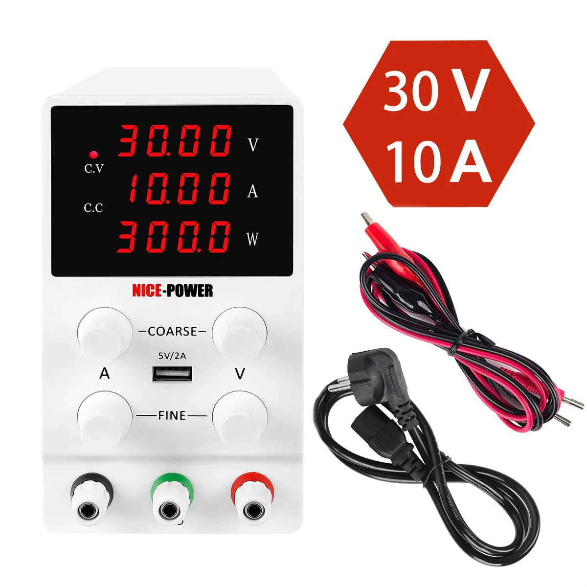 Лабораторный источник питания постоянного тока Kuaiqu SPS3010 с регулируемым 4-разрядным дисплеем, 30В / 10А, цвет белый